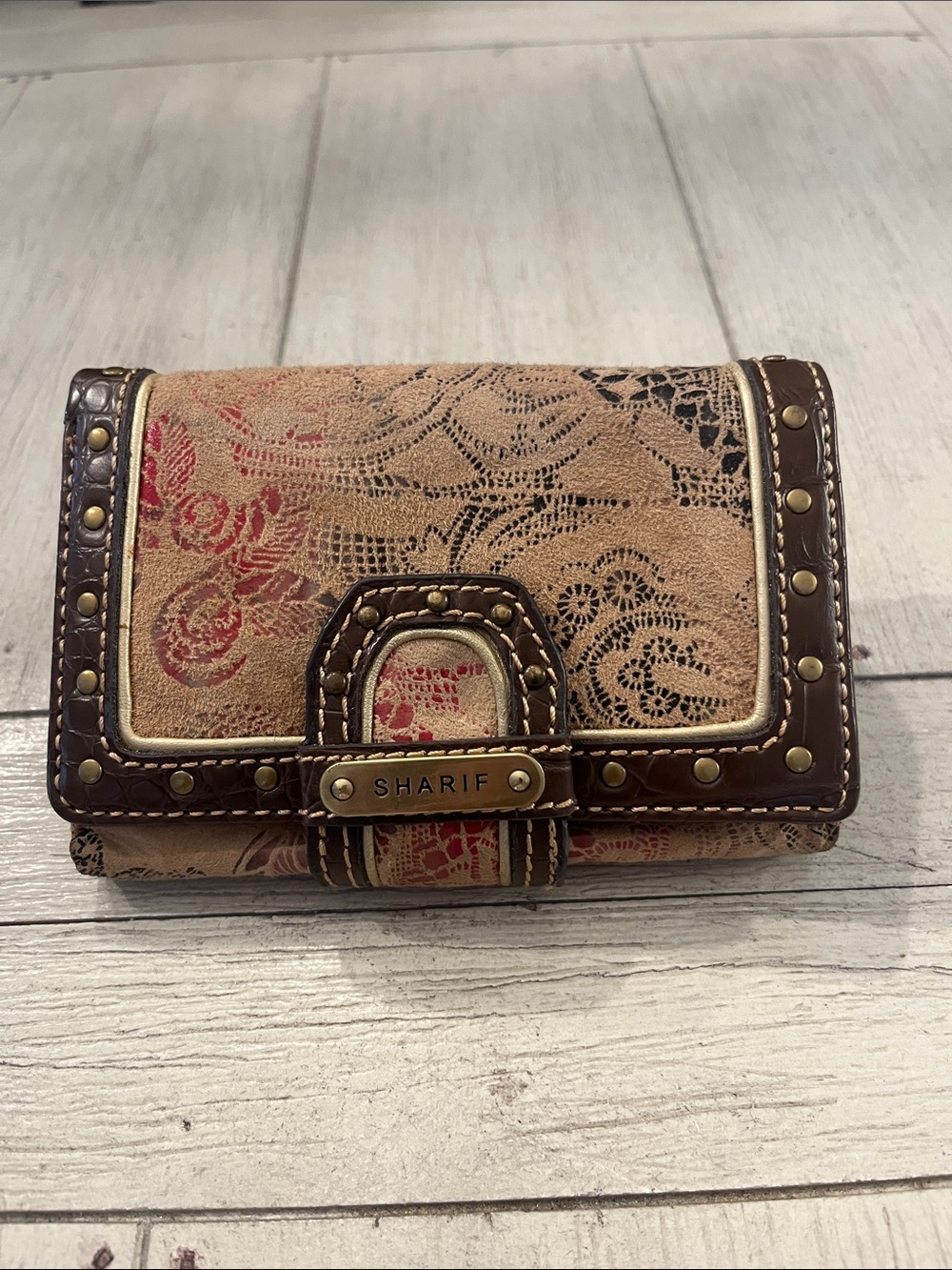 Sharif Beige Floral Leather Wallet with Brown Trim and Red Accents